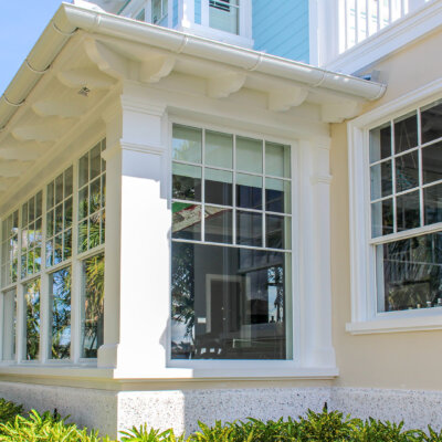 Home design Soffit system comprised of rafter tails, fascia board, and pvc brackets made by hardie boys inc.