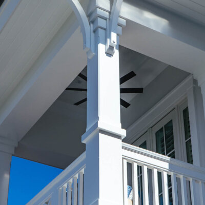 Home design Soffit system comprised of rafter tails, fascia board, and pvc brackets made by hardie boys inc.
