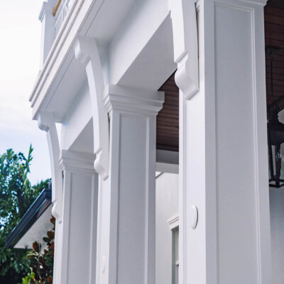 Home design Soffit system comprised of rafter tails, fascia board, and pvc brackets made by hardie boys inc.