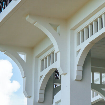 Home design Soffit system comprised of rafter tails, fascia board, and pvc brackets made by hardie boys inc.