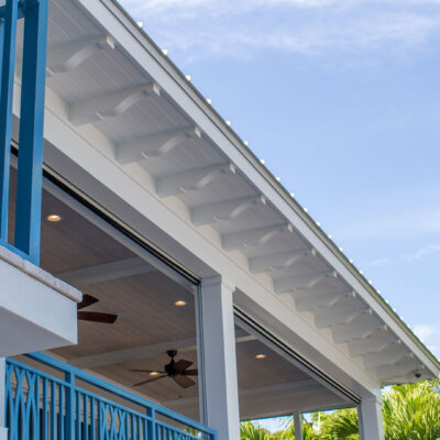 Home design Soffit system comprised of rafter tails, fascia board, and pvc brackets made by hardie boys inc.
