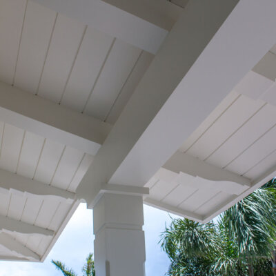 Home design Soffit system comprised of rafter tails, fascia board, and pvc brackets made by hardie boys inc.