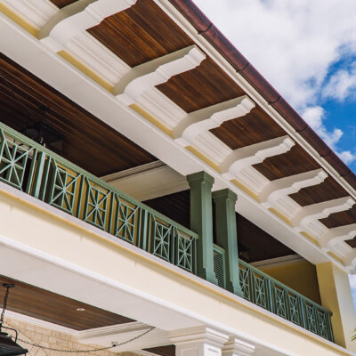 Home design Soffit system comprised of rafter tails, fascia board, and pvc brackets made by hardie boys inc.