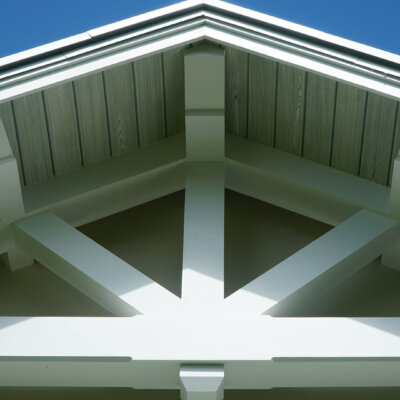Home design Soffit system comprised of rafter tails, fascia board, and pvc brackets made by hardie boys inc.