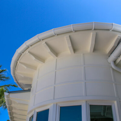 Home design Soffit system comprised of rafter tails, fascia board, and pvc brackets made by hardie boys inc.